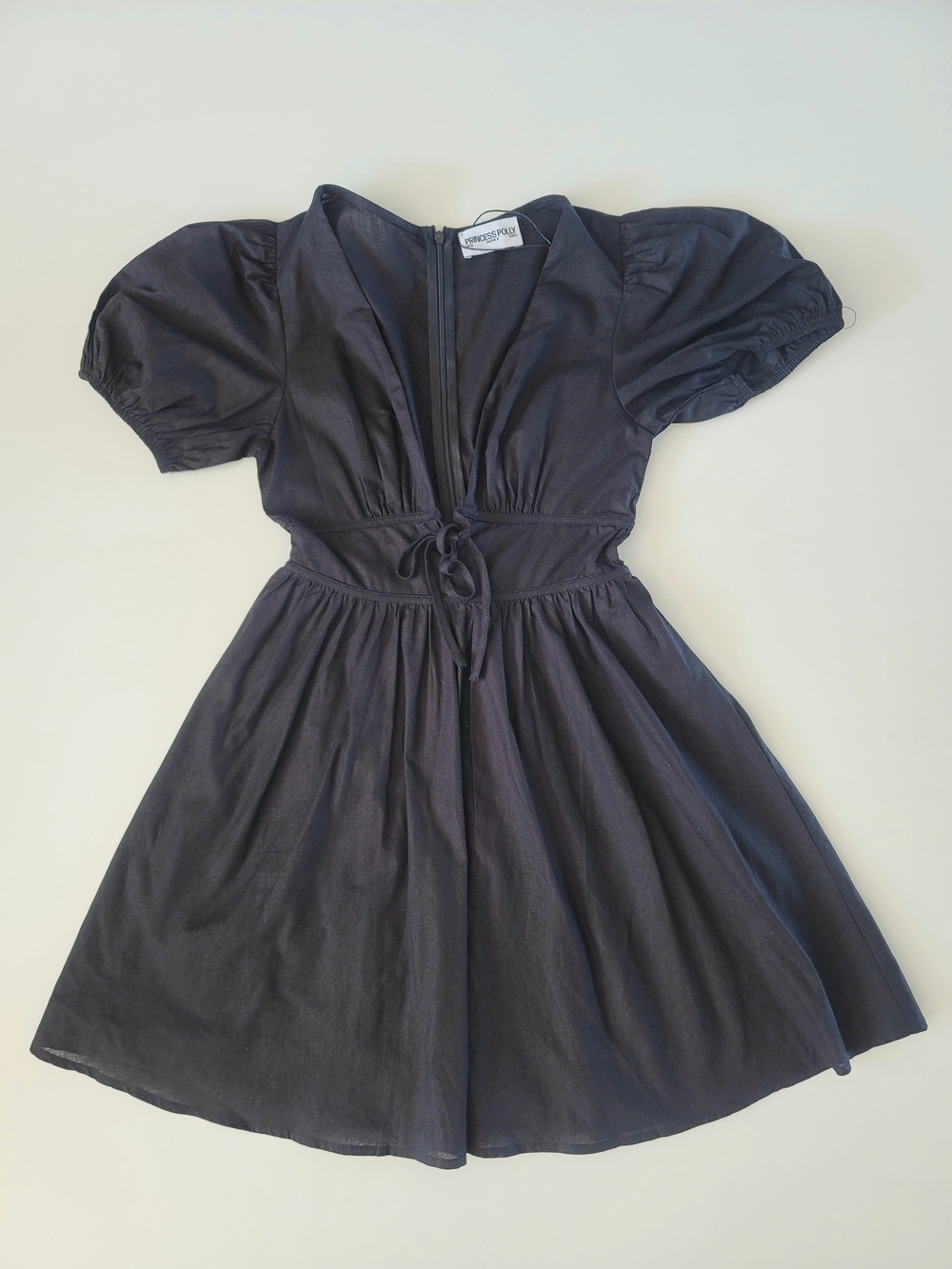 Princess Polly Linen Cotton Blend Deep V Tie Front Puff Sleeve Mini Dress Size 0